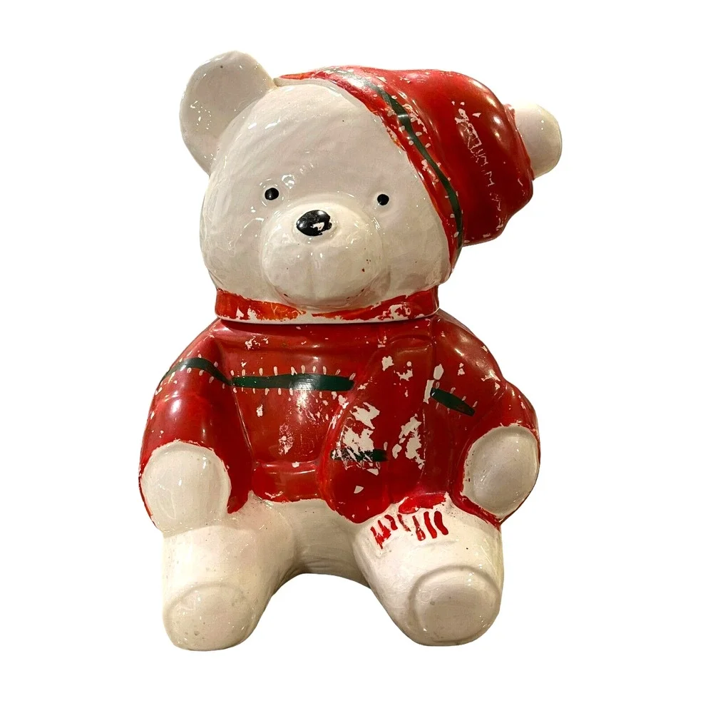 VTG Ceramic White Teddy Bear in Red Sweater‎ Decorative Canister Jar 11.5in Tall